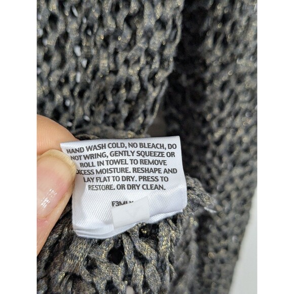 EILEEN FISHER Sweater Metallic Italian Yarn V-Neck Pullover Black Gold Holiday L - Picture 8 of 9